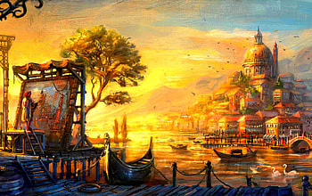 Painting, river, boat, art, houses HD wallpaper