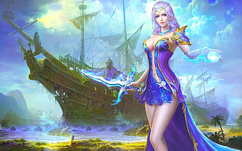 Siren's Work, shore, wreck, sailship, ship, art, girl, storm HD wallpaper