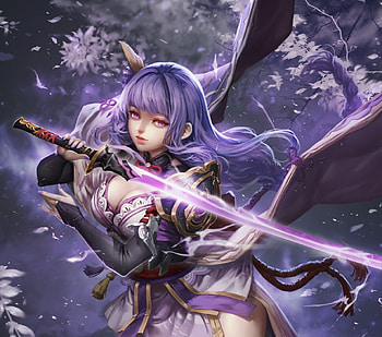 Raiden Shogun, purple, antilous chao, fantasy, antilous, girl, katana, swird HD wallpaper