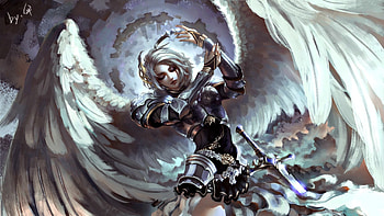 Angel, blue, wings, white, sword, armor, feather, anime, fantasy, manga, kusi de san gu HD wallpaper