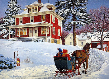 Home Again, artwork, winter, horse, sleigh, painting, snow, house, trees HD wallpaper