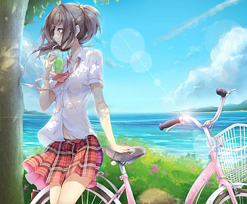 Bike Stroll, blouse, shirt, beauty, nice, lady, scenery, maiden, short hair, bike, ocean, cloud, female, skirt, sweet, sea, scene, ribbon, girl, beautiful, black hair, anime girl, bicycle, anime, pretty, miniskirt, brown hair, sky, lovely HD wallpaper