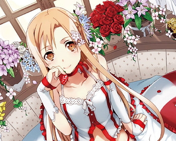 Strawberry, floral, yuuki asuna, long hair, dress, beauty, nice, sword art online, flower, fruit, , female, blossom, sweet, asuna, girl, asuna yuuki, yuuki, beautiful, anime girl, sao, anime, pretty, starwberry, brown hair, lovely HD wallpaper