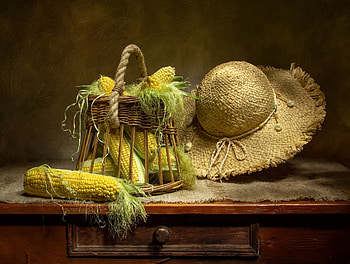 Still life, Corn, Straw, Hat, Basket HD wallpaper