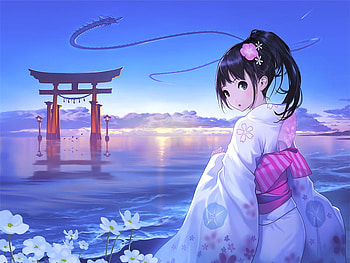 A Dragon King's Daughter, cute, japanses cothes, a dragon kings daughter, sunrise, beauty, flower, dragon, water, ocean, cloud, female, wave, sweet, smile, mana kakkowarai, flower hair, anime girl, cool, sky HD wallpaper