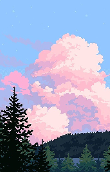 . Pixel. Sky. Forest. Trees. Lake. Pink. Green. Blue in 2020. Pixel art background, Aesthetic , Anime HD phone wallpaper