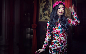 Oriental beauty, black, model, asian, roses, girl, oriental, dress, beauty, woman, pink, flower HD wallpaper