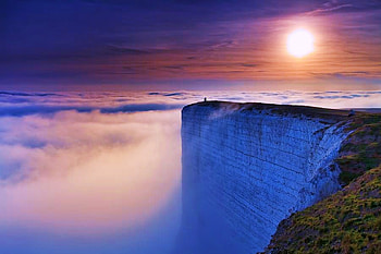 The cliff, mist, sheer drop, clouds, cliff, high, sunset HD wallpaper