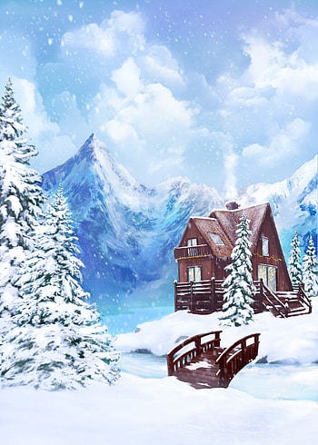 Art, Mountains, Bridge, Hut HD phone wallpaper