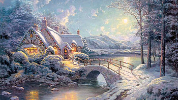 good old winter, winter, kinkade, snow, christmas HD wallpaper