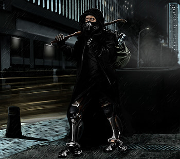 Art, Rain, Night, City, Cyberpunk, Mask, Cyborg, Backpack, Rucksack, Post Apocalypse, Post-Apocalypse HD wallpaper