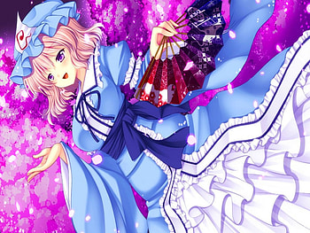 Yuyuko Saigyouji, Short Hair, Pink Hair, Pink, Cute, Smile, Sakura Petals, Purple Eues, asazuki kanai, Touhou, Anime, Original, Blush, Girl, Sweet, Dark, Blue Dress HD wallpaper