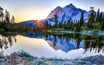Washington Mountains, trees, sky, sun, sunset, lake HD wallpaper