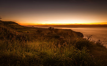 Coastal Sunset, coast, landscape, sky, nature, grass, sunset HD wallpaper