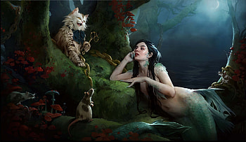 Mermaid, dark, tree, superb, pisici, key, tatiana tyukina, mouse, fantasy, water, siren, a pushkin, vara, frumusete, art, gorgeous, cat, girl, summer, ruslan and liudmila, lucomorie HD wallpaper