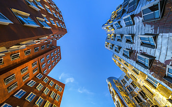 Dusseldorf, modern architecture, modern buildings, bottom view, Dusseldorf buildings, Germany, Dusseldorf cityscape HD wallpaper