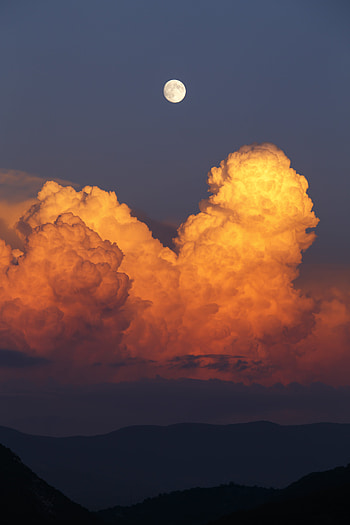Sunset, Sky, Clouds, Moon, Dark HD phone wallpaper