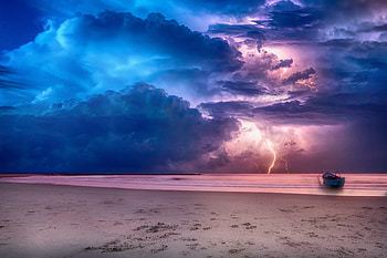 Seashore, lighting, clouds, beach HD wallpaper