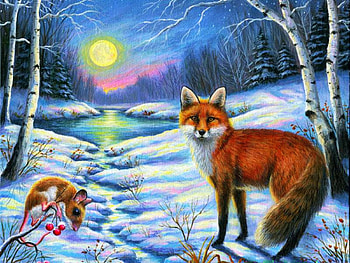 Fox Moon, artwork, winter, painting, mouse, snow, rover, trees, forest HD wallpaper