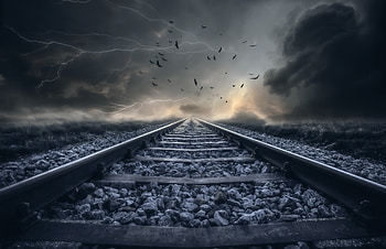 Storm, blue, creative, perspective, railroad HD wallpaper
