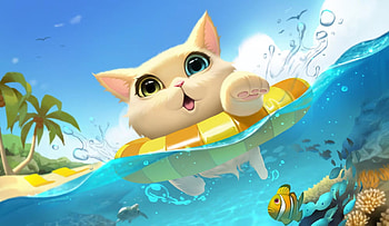 :), blue, summer, fantasy, pisici, yellow, cat, zhang ben, water HD wallpaper