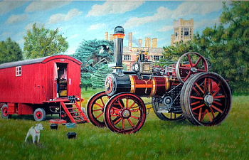 Old Tractor, dog, artwork, manor, painting, trailer, meadow, countryside HD wallpaper