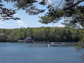 Boothbay, Maine, boat, trees, sky, nature, water HD wallpaper