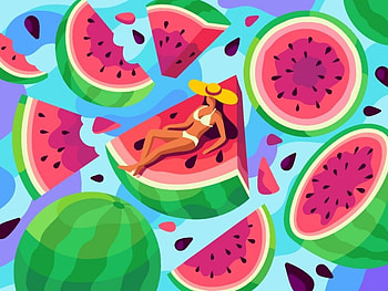 Summer, juan francisco, blue, girl, watermelon, red, green, fruit, vector, water, vara HD wallpaper