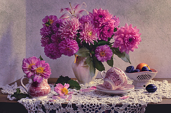 Still life, Dahilas, Leaves, Vase, Plum HD wallpaper