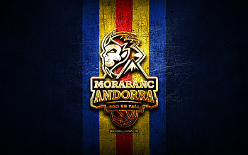 MoraBanc Andorra, golden logo, ACB, blue metal background, spanish basketball team, MoraBanc Andorra logo, basketball, BC MoraBanc Andorra HD wallpaper