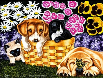 Animal Basket, basket, butterfly, art, dogs, cats, garden, flowers HD wallpaper