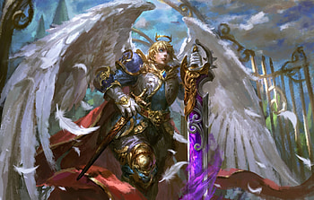 Angel, blue, wings, white, sword, art, man, purple, feather, fantasy, luminos HD wallpaper