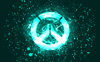 Overwatch turquoise logo, , turquoise neon lights, creative, turquoise abstract background, Overwatch logo, online games, Overwatch HD wallpaper