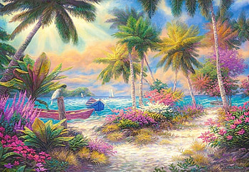 Island of Palms, island, sand, palm, painting, colors, pastels, beach HD wallpaper