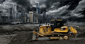 Bulldozer, lightning, building, water HD wallpaper