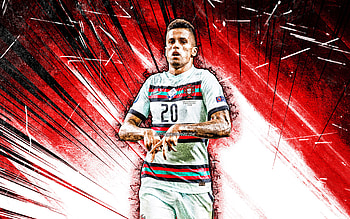 Joao Cancelo, grunge art, Portugal National Team, soccer, footballers, Joao Pedro Cavaco Cancelo, red abstract rays, CR7, Portuguese football team, Joao Cancelo HD wallpaper