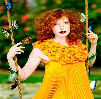 SWEET REDHEAD IN YELLOW..., butterfly, yellow, nature, redhead, playful, beauty, chearful HD wallpaper