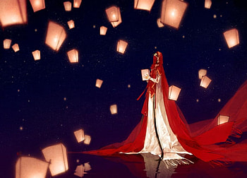 Wish Lanterns, night, orginal, girl, lantern, bride, oriental, wish HD wallpaper