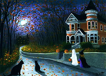 Halloween Night, artwork, painting, ghost, moon, house, cats, autumn, witch HD wallpaper