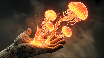 : Enchanted Fire Spell and Radiant Jellyfish Magic, fire spell, hand, jellyfish, glow, underwater HD wallpaper