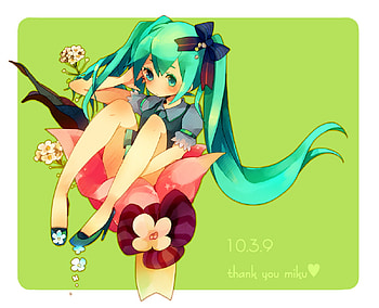 miku in flower, cute, miku, blue hair, vocaloid HD wallpaper