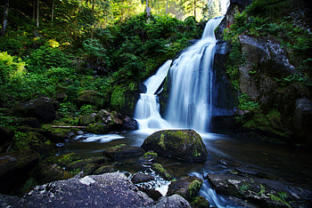 Rocks, forest, nature, waterfall HD wallpaper