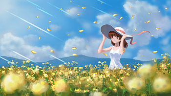 Flower Solitude, Nagisa, Short Hair, Okazaki, Nagisa Okazaki, Clannad, Blushing, Big Eyes, Flower, Clouds, Sky, Anime Girl, Fields, Anime, Nagisa Furukawa, Furukawa, Brunette, Petals, Rays of Light, Clannad After Story, Brown Eyes HD wallpaper