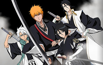 Toushirou, Ichigo, Rukia, Byakuya, ichigo, toushirou hitsugaya, rukia, ichigo kurosaki, bleach, kuchiki byakuya, kurosaki ichigo, toushirou, rukia kuchiki, hitsugaya toushirou, byakuya kuchiki, weapons, blade, kuchiki rukia, swords, anime, byakuya, katana HD wallpaper