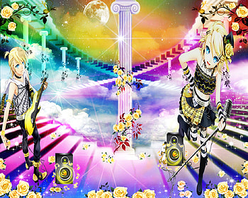 Love my Vocaloids, blond hair, speaker, rin, guitar, vocaloid, dress, staircase, rose, abstract, moon, twin, flower, short hair, male, female, len, twins, blue eye, girl, star, kagamine, anime girl, boy, anime, fantasy, pillar, stair, sky HD wallpaper