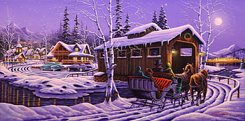 Romantic Christmas, winter, cars, church, artwork, horses, painting, cottages, snow, covered bridge, village, cart HD wallpaper
