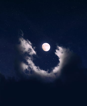 A full moon shining brightly in a dark night sky, surrounded by clouds and stars. HD phone wallpaper