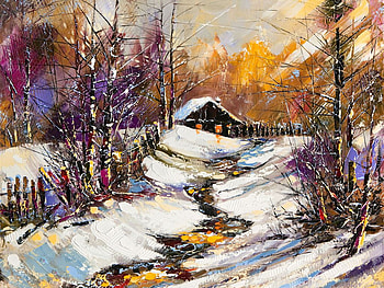 Winter river, winter, river, painting, art, snow, cottage HD wallpaper