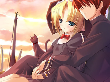 Silent Love, sweet, blue eyes, kitty, cute, anime, love, couple, short hair, sunset HD wallpaper