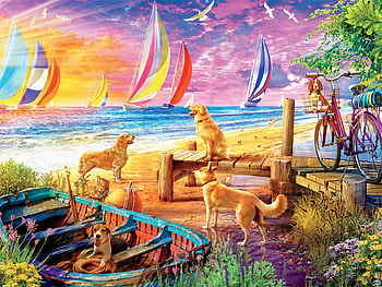 Dog Day at the Pier, sea, sailboats, boat, digital, art, dogs, seagulls, beach HD wallpaper